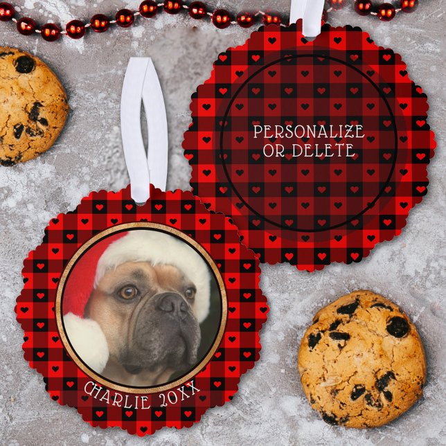 Cute Buffalo Plaid Hearts Custom Dog Pet Christmas Tree Decoration Card (Creator Uploaded)