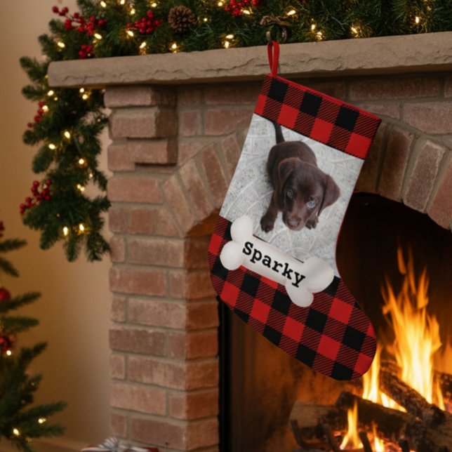 Cute Buffalo Plaid Pet Dog Photo Custom Small Christmas Stocking (Creator Uploaded)