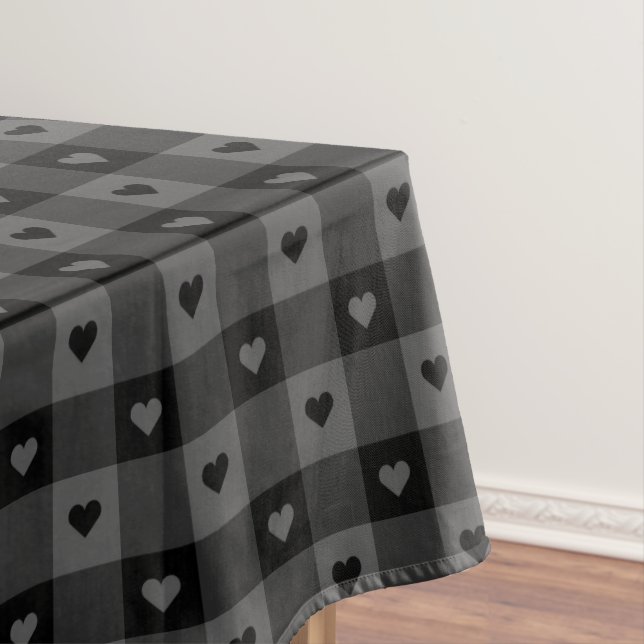 Cute Buffalo Plaid With Hearts Black Grey Rustic Tablecloth (In Situ)
