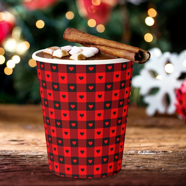 Cute Buffalo Plaid With Hearts Black & Red Rustic Paper Cups (Creator Uploaded)