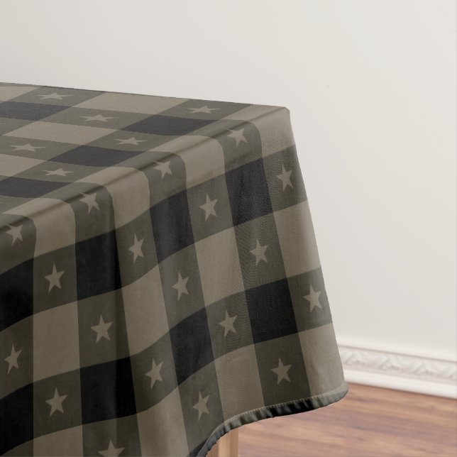 Cute Buffalo Plaid With Stars Black & Taupe Rustic Tablecloth (In Situ)
