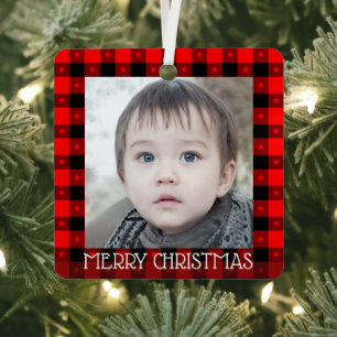 Cute Buffalo Plaid With Stars Custom Name & Photo Metal Tree Decoration