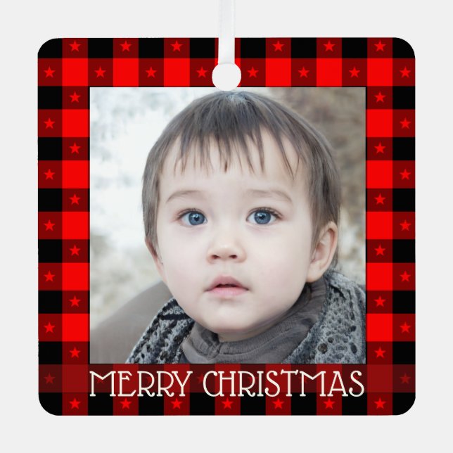 Cute Buffalo Plaid With Stars Custom Name & Photo  Metal Tree Decoration (Front)