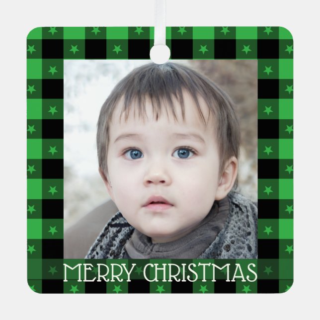 Cute Buffalo Plaid With Stars Custom Name & Photo  Metal Tree Decoration (Front)