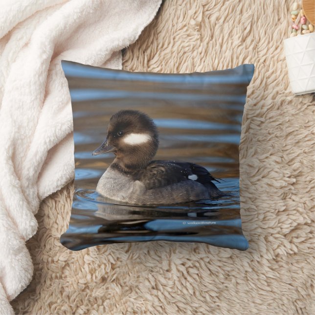 Cute Bufflehead Duck on Sunlit Waters Cushion (Blanket)