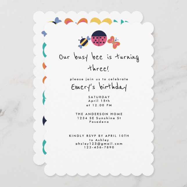 Cute Bug Garden Busy Bee Third Birthday Party Invitation (Front/Back)