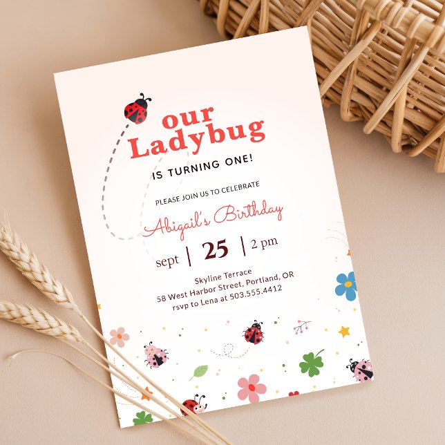 Cute Bug Ladybug Baby Girl 1st Birthday Party Invitation (Creator Uploaded)