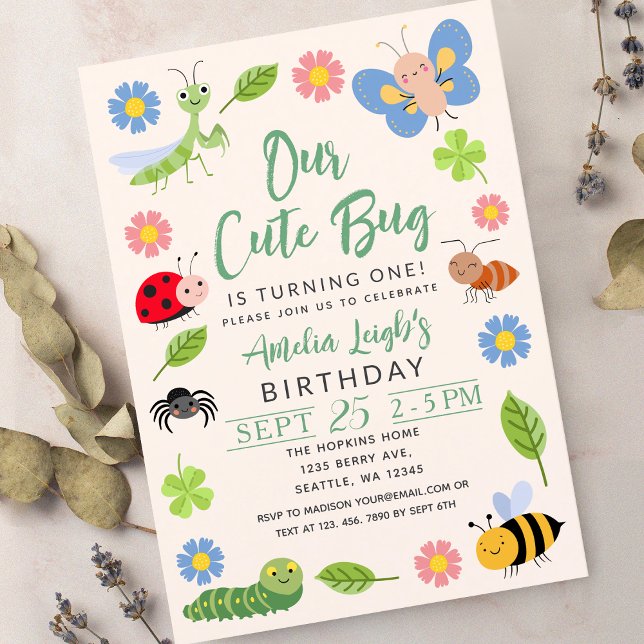 Cute Bug Ladybug Buttefly Kids 1st Birthday Party Invitation (Creator Uploaded)