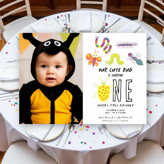 Cute Bug Worm Buttefly Kids 1st Birthday Party Invitation