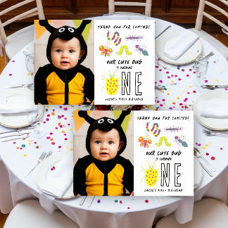 Cute Bug Worm Buttefly Kids 1st Birthday Party Thank You Card