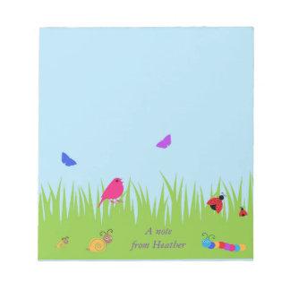 cute bugs and bird in grass with blue sky note pad