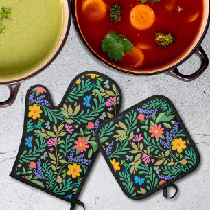 Cute Bugs Funny Girly Floral Spring Summer Pattern Oven Mitt & Pot Holder Set