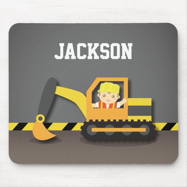 Cute Builder Boy In Construction Excavator   Mouse Pad (Front)