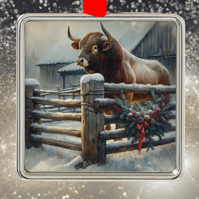 Cute Bull on a  Rustic Farm Christmas Metal Ornament (Creator Uploaded)