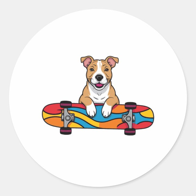 Cute Bull Terrier on a Skateboard Classic Round Sticker (Front)