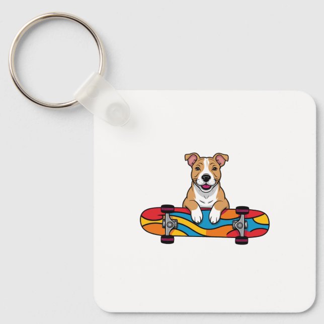 Cute Bull Terrier on a Skateboard Key Ring (Front)