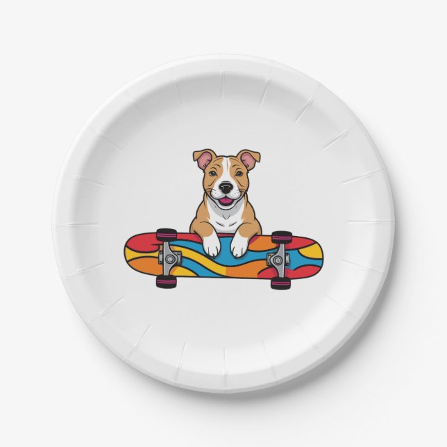 Cute Bull Terrier on a Skateboard Paper Plate (Front)