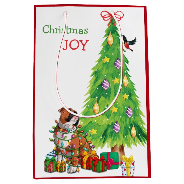 Cute Bulldog and Christmas Tree Medium Gift Bag (Front)