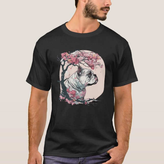 Cute Bulldog Cherry Blossom Dog Breed Japanese Wat T-Shirt (Front)