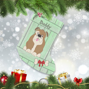 Cute Bulldog Dog Green Wooden Fence Monogram Small Christmas Stocking