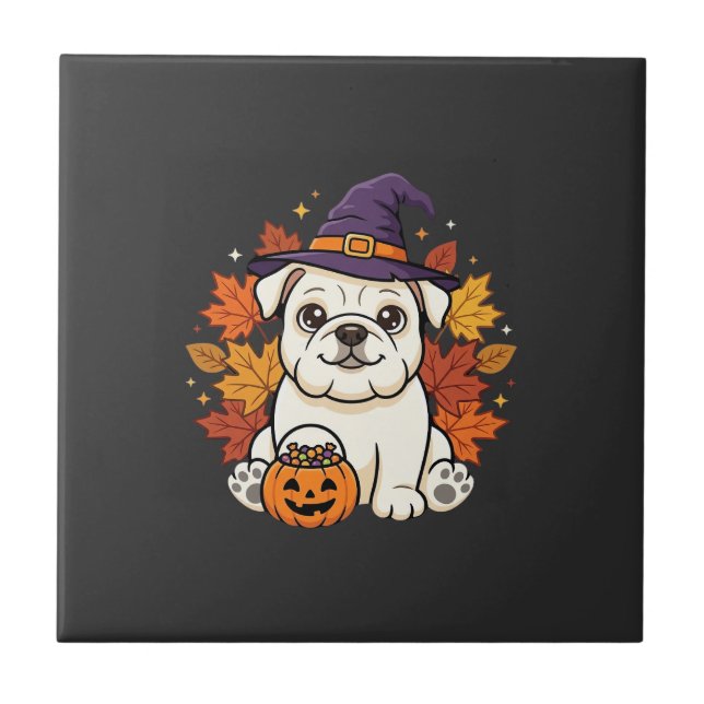 Cute Bulldog Halloween Pumpkin Dog Design_1 Ceramic Tile (Front)