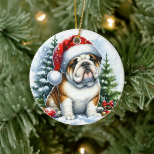 Cute Bulldog in a Santa Hat Watercolor Ceramic Ornament