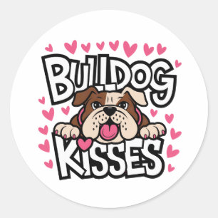 Cute Bulldog Puppy Dog Lover Pink Heart Kisses Classic Round Sticker