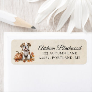 Cute Bulldog Puppy Fall Leaves and Pumpkin Return Address Label
