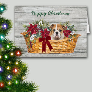 Cute Bulldog Puppy in Basket Christmas Card
