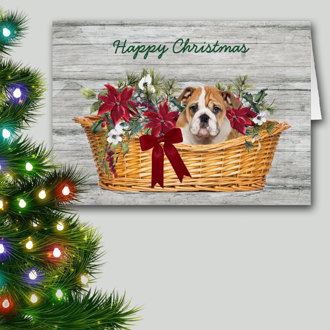 Cute Bulldog Puppy in Basket Christmas Card (Creator Uploaded)