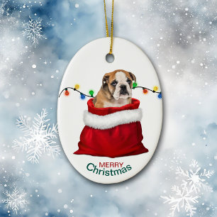 Cute Bulldog Puppy in Holiday Gift Bag Ceramic Ornament