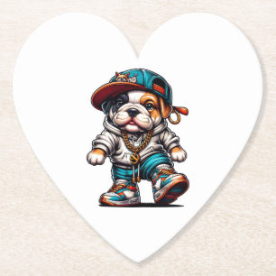 Cute Bulldog Puppy in Streetwear Outfit Heart Paper Coaster