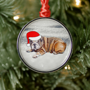 Cute Bulldog Puppy in the Snow Metal Ornament