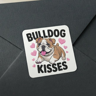 Cute Bulldog Puppy Kisses Pink Heart Dog Mum Love  Square Sticker