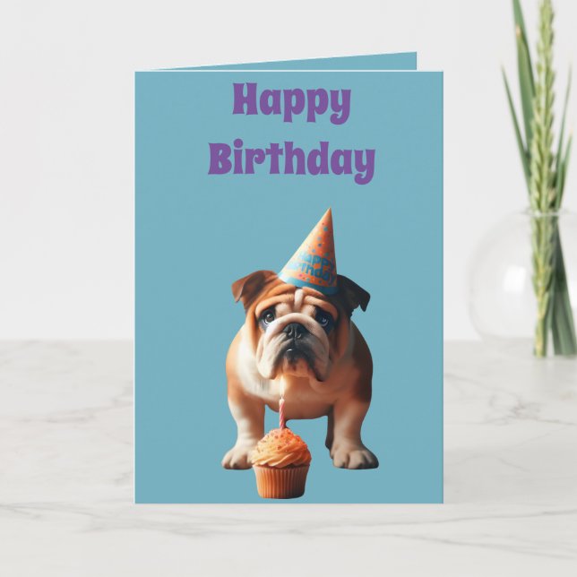 Cute Bulldog Wearing a Birthday Hat Card (Front)