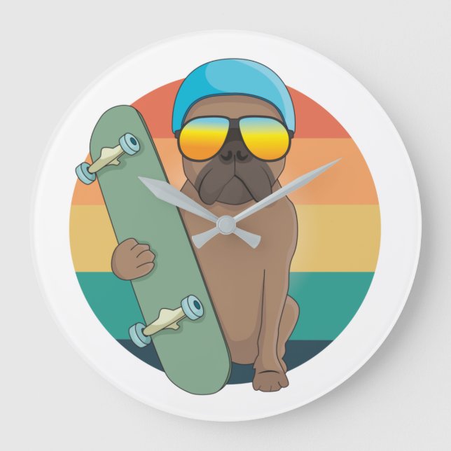 cute bulldog with skating board  large clock (Front)