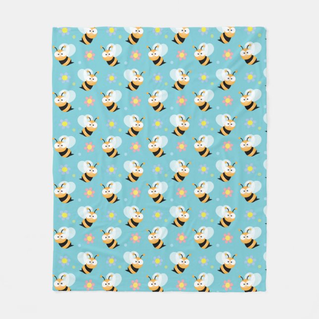Cute Bumble Bee And Colourful Flower Pattern Fleece Blanket (Front)