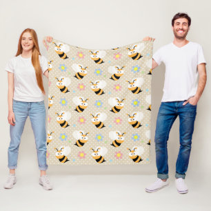 Cute Bumble Bee And Colourful Flower Pattern Fleece Blanket