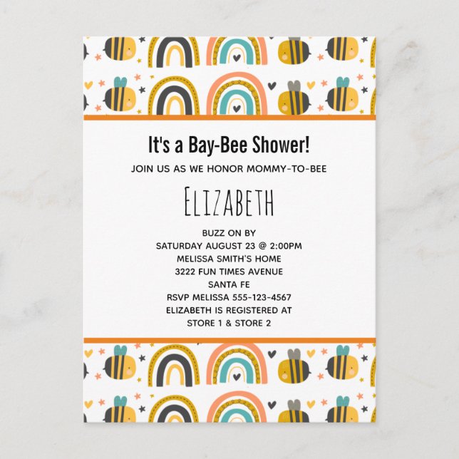 Cute Bumble Bee and Rainbows Pattern Baby Shower Invitation Postcard (Front)