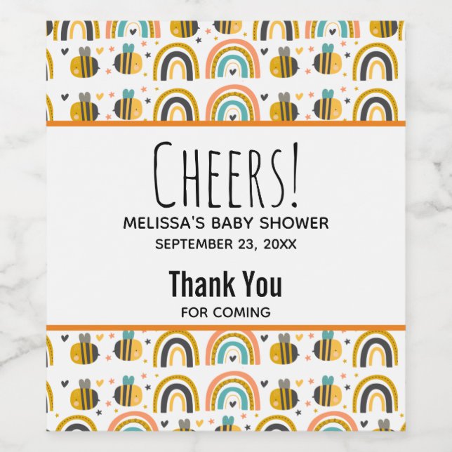 Cute Bumble Bee and Rainbows Pattern Baby Shower Wine Label (Single Label)