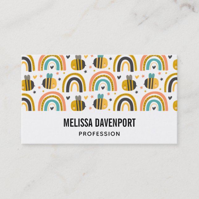 Cute Bumble Bee and Rainbows Pattern Business Card (Front)