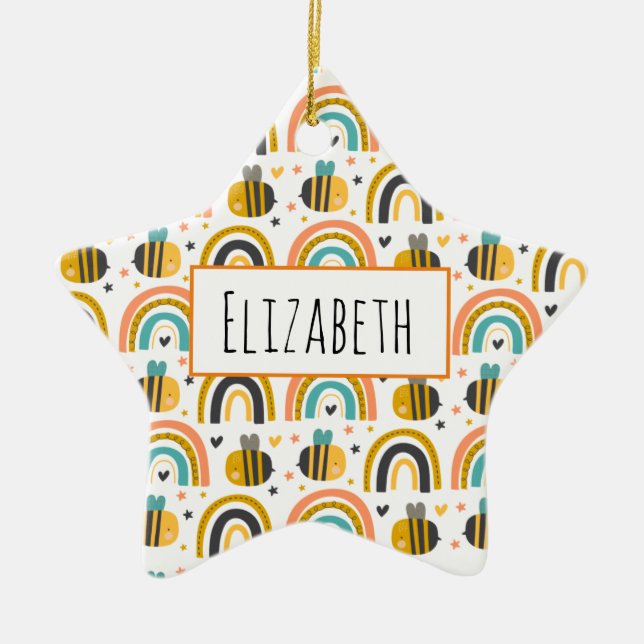 Cute Bumble Bee and Rainbows Pattern Ceramic Ornament (Front)
