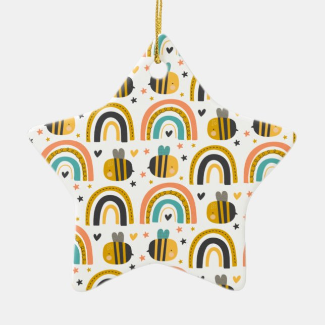 Cute Bumble Bee and Rainbows Pattern Ceramic Ornament (Front)