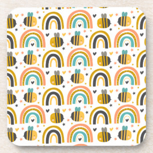 Cute Bumble Bee and Rainbows Pattern Coaster