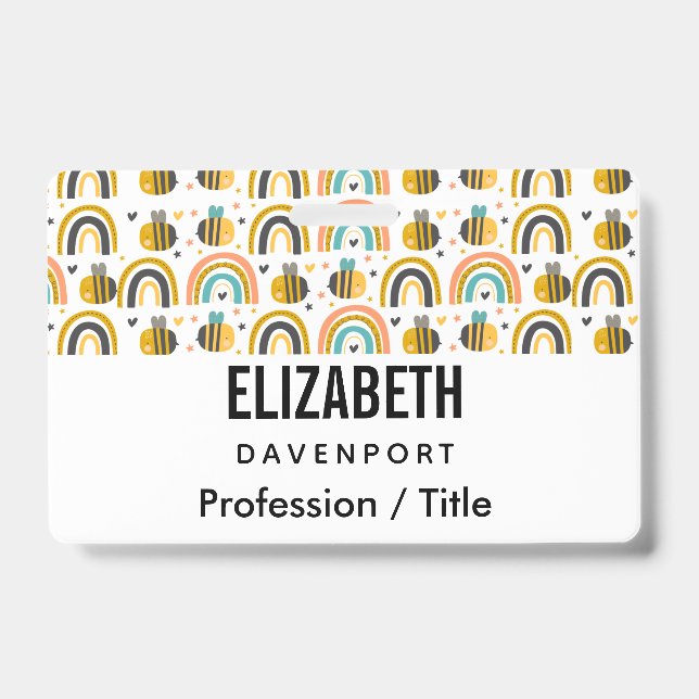 Cute Bumble Bee and Rainbows Pattern ID Badge (Front)