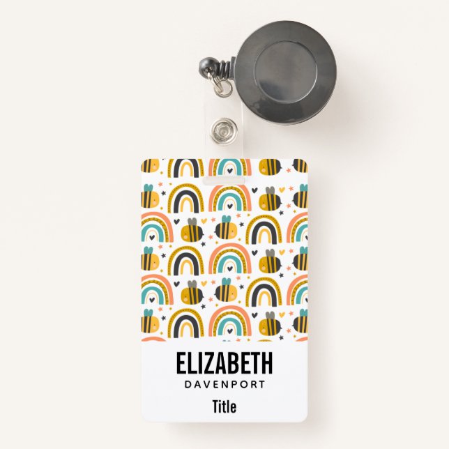 Cute Bumble Bee and Rainbows Pattern ID Badge (Front with Retractable)