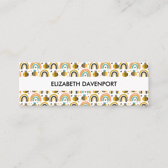 Cute Bumble Bee and Rainbows Pattern Mini Business Card (Front)