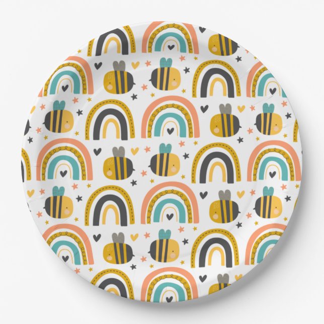 Cute Bumble Bee and Rainbows Pattern Paper Plate (Front)