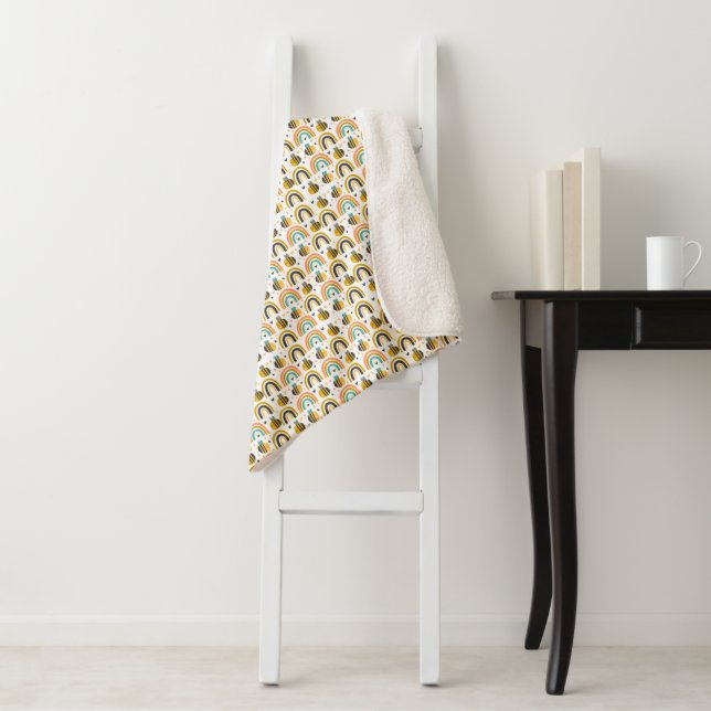 Cute Bumble Bee and Rainbows Pattern Sherpa Blanket (In Situ)