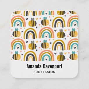Cute Bumble Bee and Rainbows Pattern Square Business Card